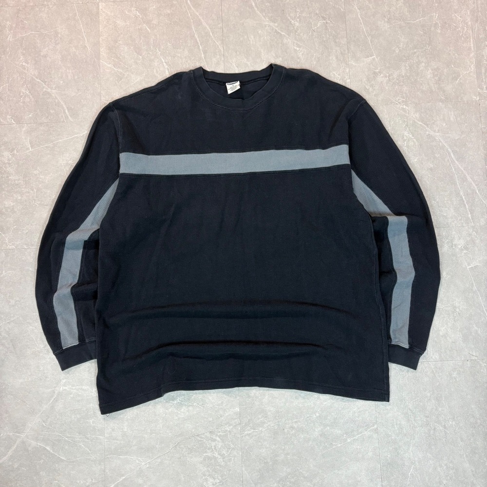 Old Navy Mens XL Waffle Knit Thermal Long Sleeve Shirt Navy Blue Grey Stripe